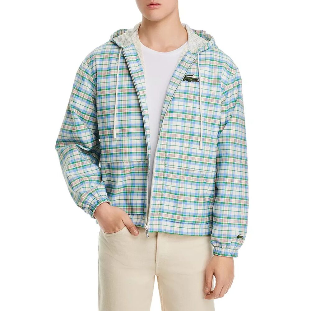 LACOSTE Mens Rain Jacket Small Blue Green Plaid Zip Up Hooded Checkered KARIERTE - Picture 2 of 16